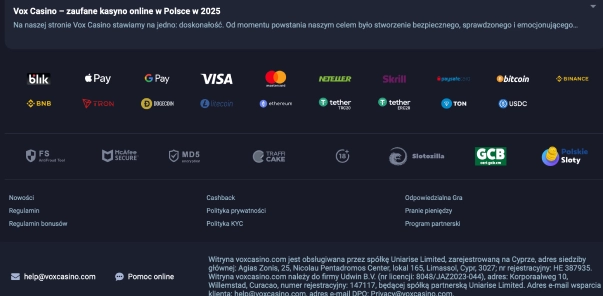 Vox Casino – Bezpieczne płatności Visa, Blik, Bitcoin